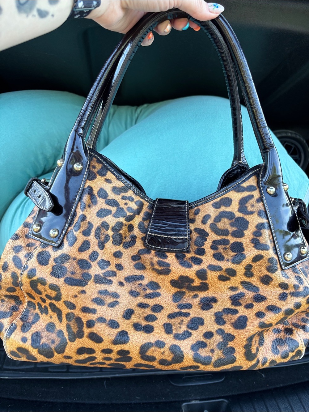 Dooney & Bourke Leopard Print Leather Satchel - Brown/Black, some wear. - Picture 2 of 3